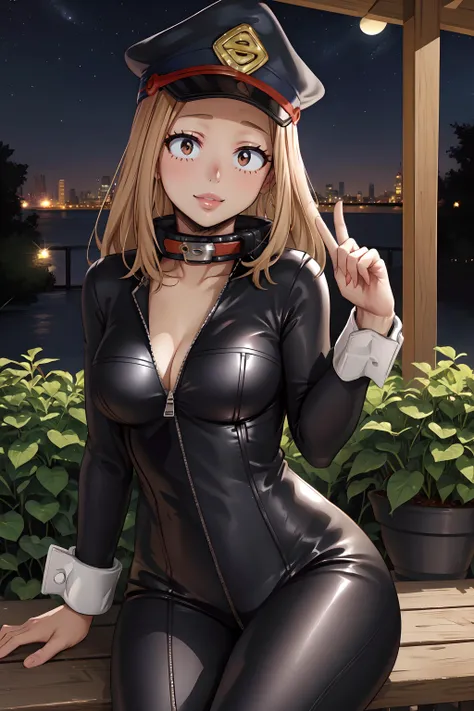 (masterpiece, best quality:1.2), cowboy shot, solo, 1girl, utsushimi camie, smile, looking at viewer, crossed arms, peaked cap, black bodysuit, unzipped, cleavage