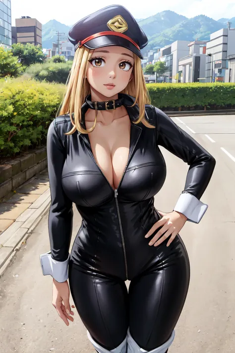 (best quality:1.5, highres, UHD, 4K, detailed lighting, shaders, hand depiction, anime style), blonde ponytail, large breasts, slit eyes, cleavage, black zipped bodysuit, standing, neck, night street background, sexy, erotic