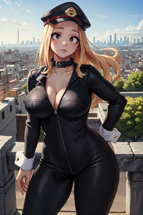 (masterpiece, best quality, ultra detailed, absurdres:1.5), 1girl, (sexy, beautiful woman, perfect face, perfect eyes, perfect female body, large breasts:1.5), (KemiiHS1, long hair, hat, peaked cap, blonde hair, bodysuit, black bodysuit, cleavage, parted lips, smile, unzipped, black headwear, zipper, wrist cuffs, wide-eyed, collarbone, collar, curvy, long sleeves, <lora:KemiiHS1-10:0.8>), (standing, outdoors, Japanese city in background), perfect lighting, smooth, hdr