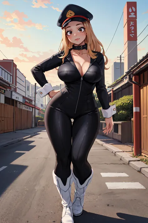 (masterpiece, best quality, ultra detailed, absurdres:1.5), 1girl, (sexy, beautiful woman, perfect face, perfect eyes, perfect female body, large breasts:1.5), (KemiiHS1, long hair, hat, peaked cap, blonde hair, bodysuit, black bodysuit, cleavage, parted lips, smile, unzipped, black headwear, zipper, wrist cuffs, collarbone, collar, curvy, long sleeves, white boots, <lora:KemiiHS1-10:0.8>), (standing, outdoors, Japanese city in background), perfect lighting, smooth, hdr