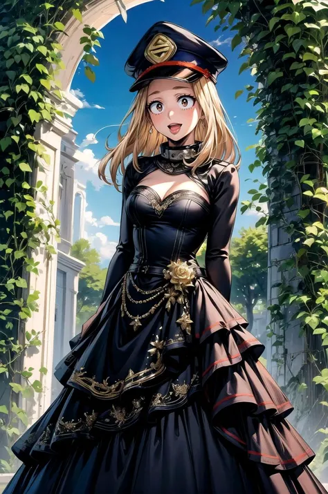 (masterpiece, best quality, detailed), 1girl, solo, looking at viewer, KemiiHS1, long hair, hat, peaked cap, brown eyes, blonde hair,
<lora:wrenchelegadome:0.8>, wrenchelegadome, black dress, layered dress, long dress, arch, pillar, column, architecture, overgrown, vines, blue sky, wedding, arms behind back, smile, open mouth, happy
