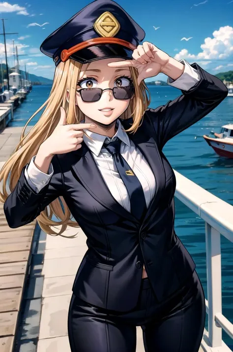 (masterpiece, best quality, detailed), 1girl, solo, looking at viewer, KemiiHS1, long hair, brown eyes, blonde hair, hat, peaked cap,
pant suit, suit, formal, black suit, black pants, necktie, white shirt, sunglasses, pier, dock, boat, harbor, water, lighthouse, seagull, <lora:finger_frame_final:0.8>, finger frame, smile, parted lips