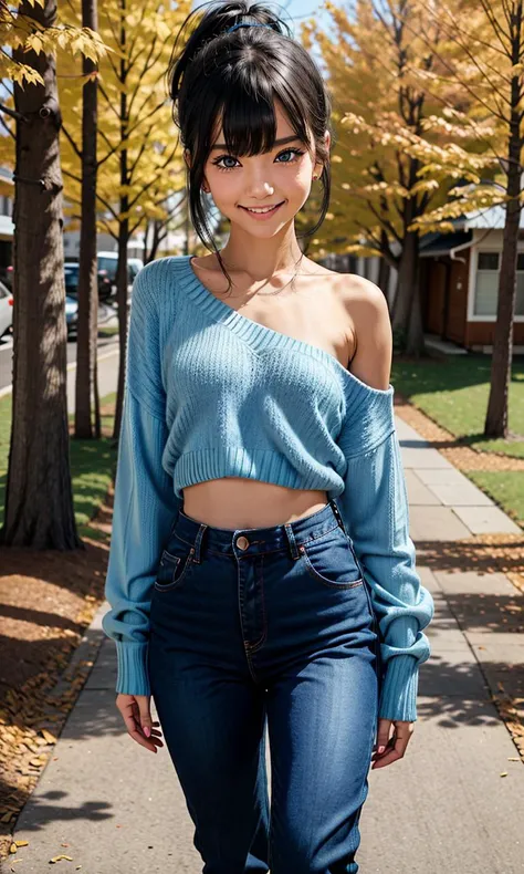 1girl, full body, skinny,
black hair, ponytail, blue eyes, earrings,
standing, light smile, looking at viewer, posing for a photo,
outdoors, forrest, autumn, panoramatic view,
((Hasselblad photography)), finely detailed skin, sharp focus, (cinematic lighting), soft lighting,
<lora:VirtualGirl-Ren:0.3>, VirtualGirl-Ren, ((flat-chested, male chest)),
<lora:flat_chested_v1_sd_1-5_A102:0.2> flat chested, (flat chest:1.2), 
<lora:StL_Detail:0.4>,
<lora:one-shoulder_sweater:0.6> one-shoulder sweater, pastel blue sweater, dark blue jeans, black belt,