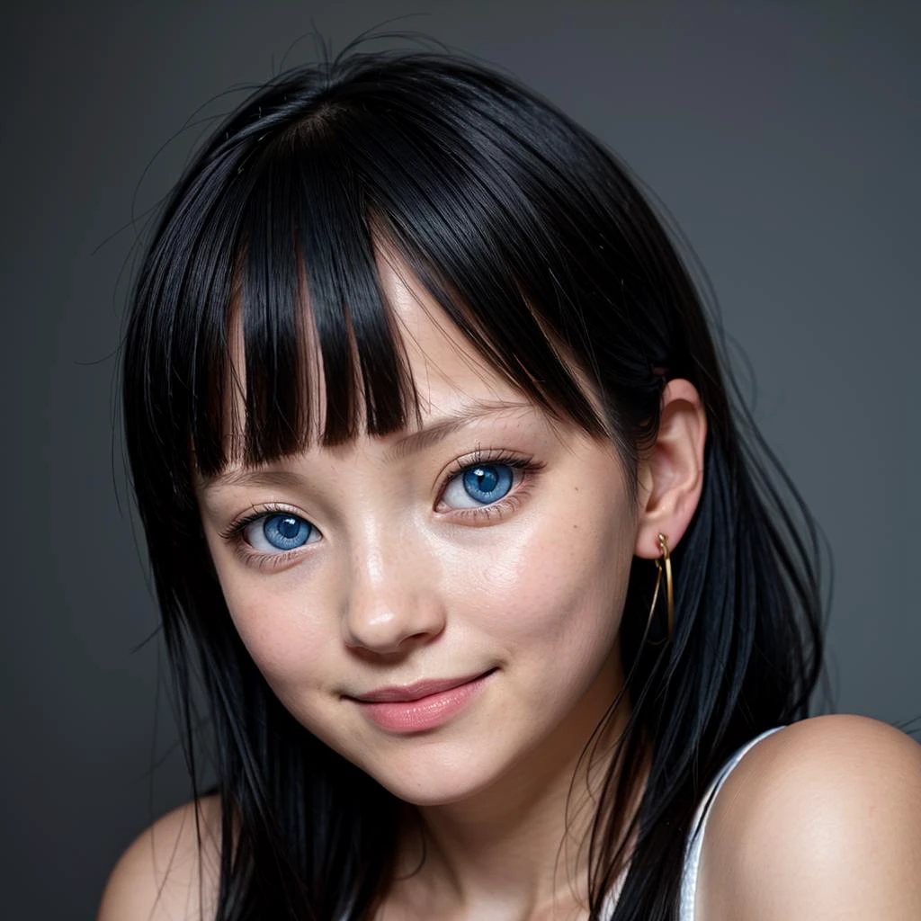 1girl, 28yo, skinny, portrait, (face detail),
((blue) eyes), earrings, light smile,
((black) hair), hime cut, looking at viewer, posing for a photo,
detailed eyes, bright eyes, eye lashes, pink eye shadows, red glossy lips,
((gray) background), simple background,
standing,
((Hasselblad photography)), finely detailed skin, sharp focus, (cinematic lighting), soft lighting, front lightning, dynamic angle,
<lora:VirtualGirl-Aki:0.4> VirtualGirl-Ak,
<lora:eyebrows_slider_v1:-3>,
<lora:StL_Detail:0.4>,