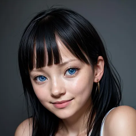 1girl, 28yo, skinny, portrait, (face detail),
((blue) eyes), earrings, light smile,
((black) hair), hime cut, looking at viewer, posing for a photo,
detailed eyes, bright eyes, eye lashes, pink eye shadows, red glossy lips,
((gray) background), simple background,
standing,
((Hasselblad photography)), finely detailed skin, sharp focus, (cinematic lighting), soft lighting, front lightning, dynamic angle,
<lora:VirtualGirl-Aki:0.4> VirtualGirl-Ak, 
<lora:eyebrows_slider_v1:-3>,
<lora:StL_Detail:0.4>,