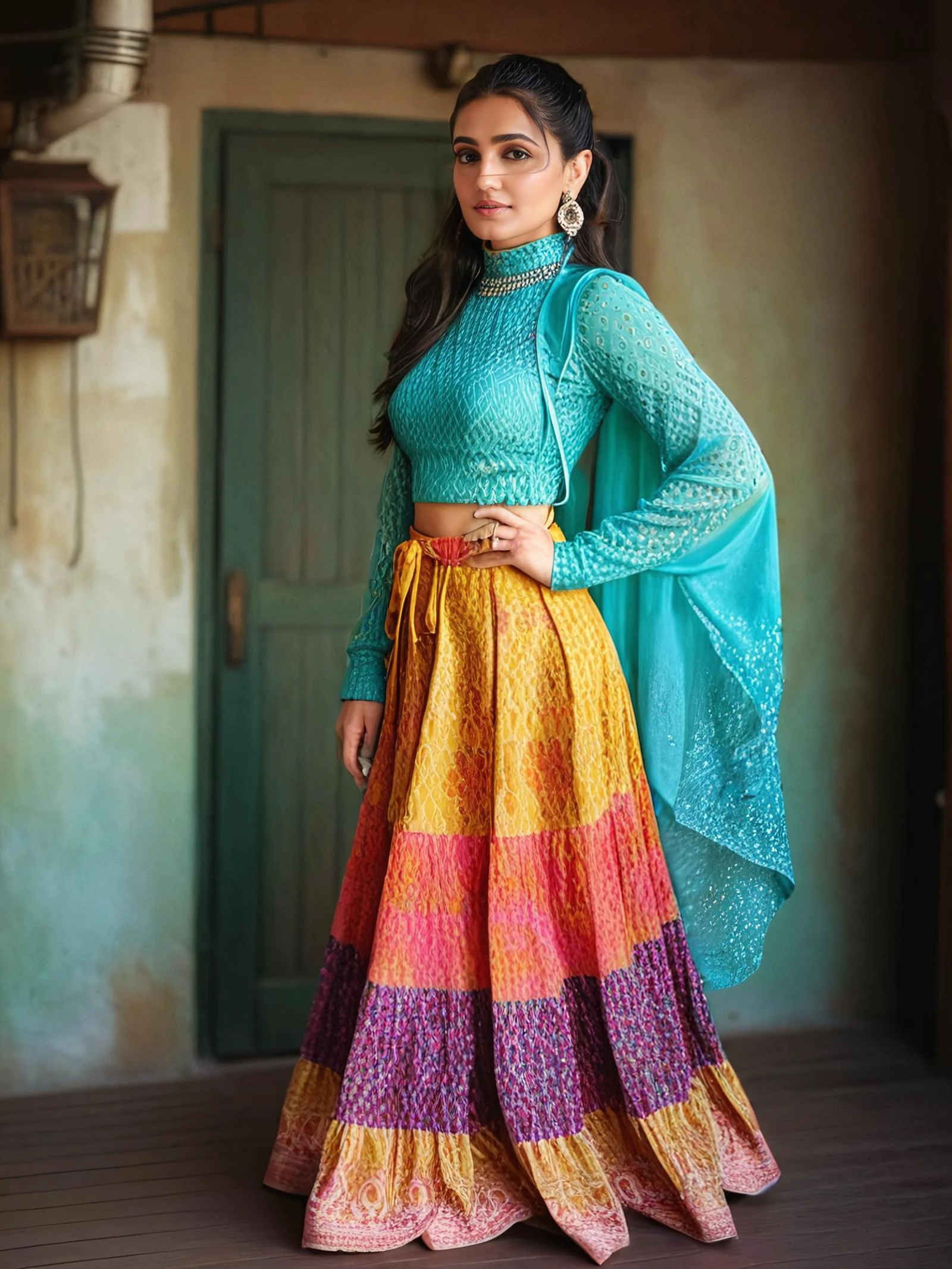 full body photo of a 30-year-old vedika pinto, colorful modest high neck western wear, looking at camera, film grain, day time at Art Studio in bokeh <lora:vdka_Vedika_Pinto_SDXL_LoRA_adafactor-step00002000:1>