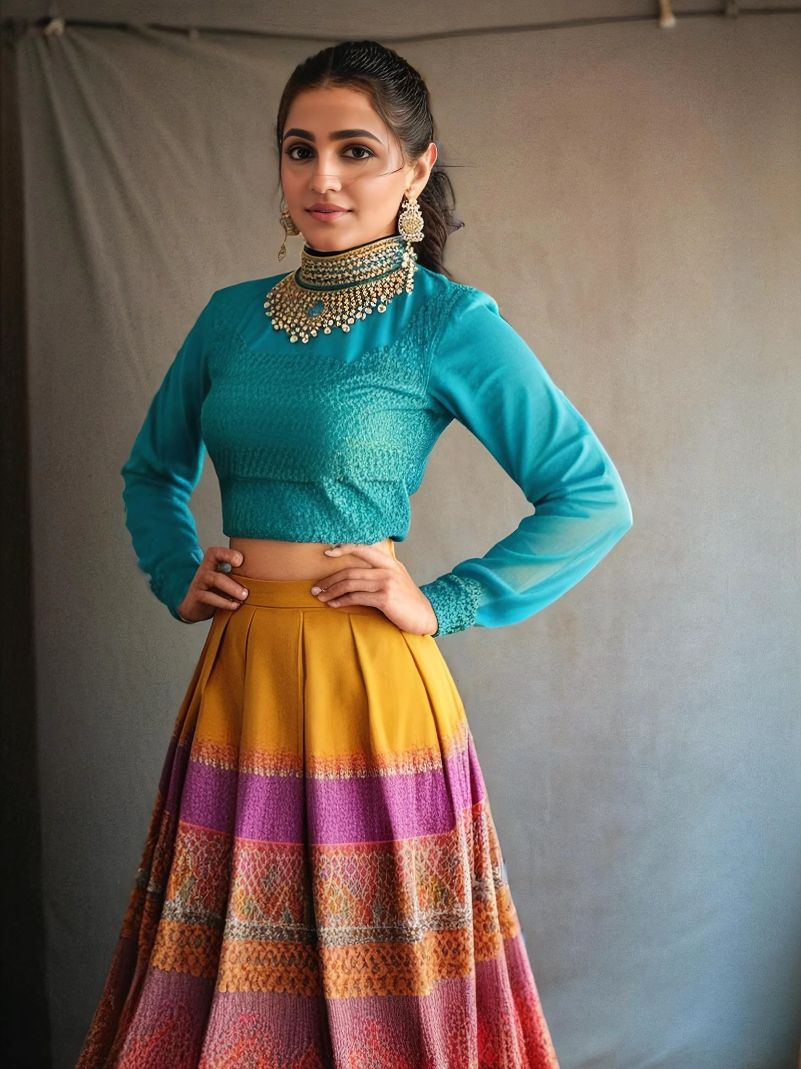full body photo of a 30-year-old vedika pinto, colorful modest high neck western wear, looking at camera, film grain, day time at Design Studio in bokeh <lora:vdka_Vedika_Pinto_SDXL_LoRA_adafactor-step00002000:1>