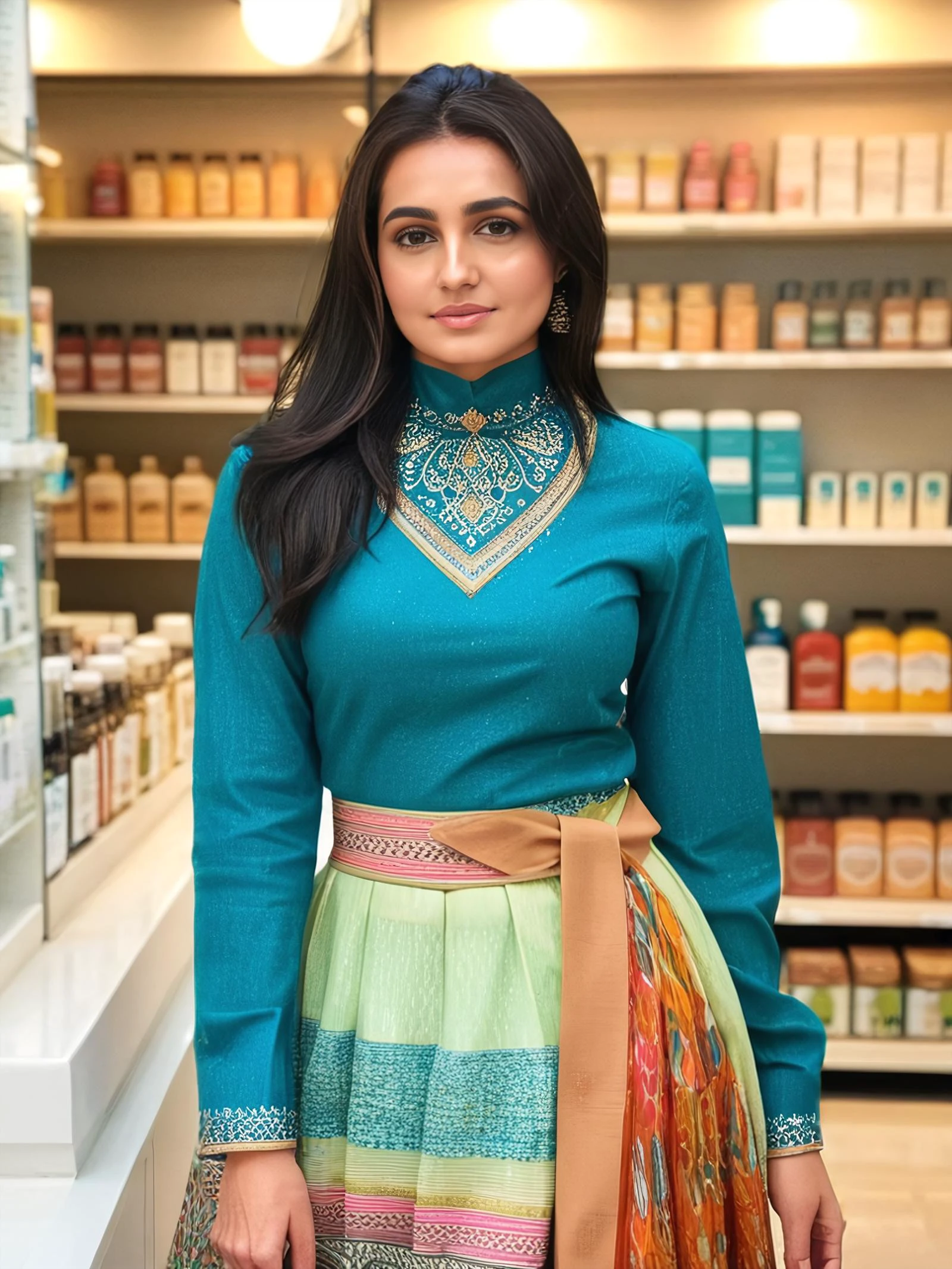 full body photo of a 30-year-old vedika pinto, colorful modest high neck western wear, looking at camera, film grain, day time at Farmacia (Pharmacy) in bokeh <lora:vdka_Vedika_Pinto_SDXL_LoRA_adafactor-step00002000:1>