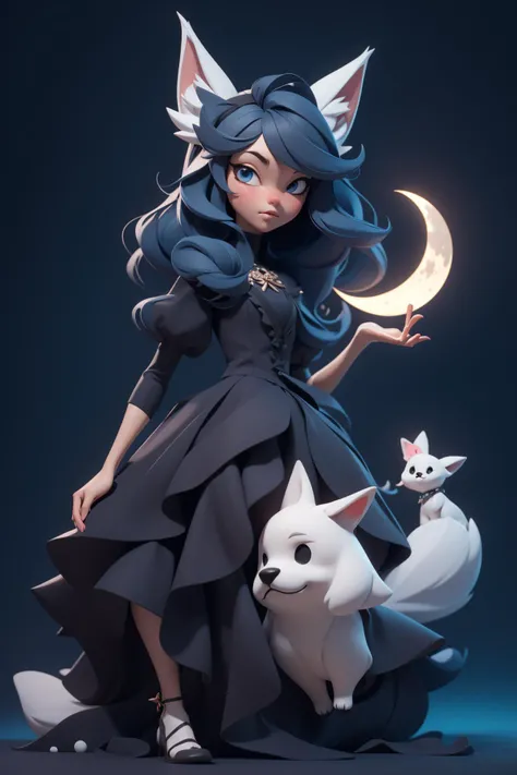 3dmm style,(masterpiece, best quality:1.4), midnight, cool, vivid, mesmerizing, 1girl, dress, dog ears, moon, masterpiece, best quality,