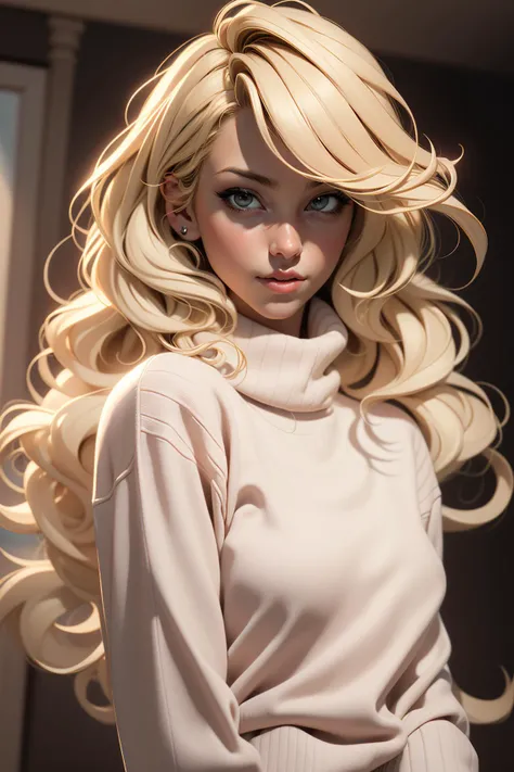 3dmm style,(masterpiece, top quality, best quality, 1girl, solo, realistic, blonde hair, looking to the side, sweater, lips, upper body, long sleeves, breasts, indoors, black sweater, turtleneck, closed mouth, masterpiece, best quality,