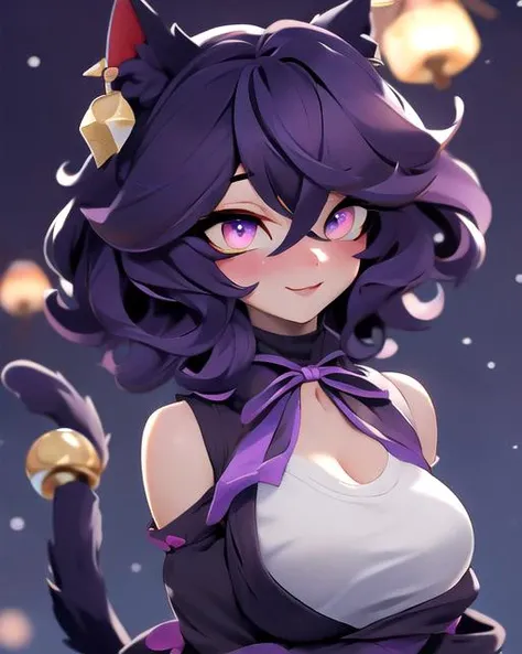 <lora:3DXR_V1:1.00>, 3DXR, 3DMM,,<lora:castlevania_style_offset:0.6>, castlevania style,, solo focus, catgirl, very large cat ears, cat tail, purple-gold gradient eyes, purple-black hair, short hair, curly hair, medium breasts, cleavage, exposed shoulders, hair between eyes, crossed bangs, neck ribbon, overjoyed, Dusk, Winter, lifting shirt, Park