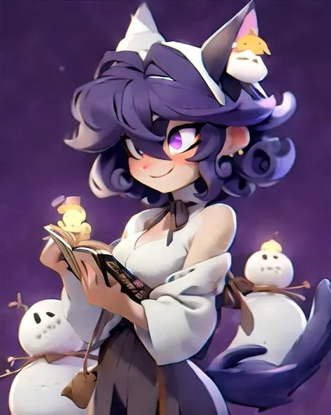 <lora:disney:1.00>,,<lora:3DXR_V1:1.00>, 3DXR, 3DMM,, solo focus, catgirl, very large cat ears, cat tail, purple-gold gradient eyes, purple-black hair, short hair, curly hair, medium breasts, cleavage, exposed shoulders, hair between eyes, crossed bangs, neck ribbon, overjoyed, Dusk, Snowmen, Winter, Holiday, Christmas, String Lights, reading, Train Station