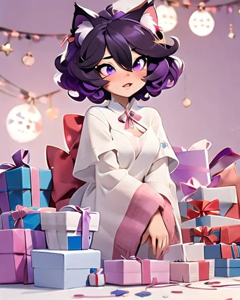 <lora:T-shirt-08:1.00>, tshirt design, simple background,,<lora:3DXR_V1:1.00>, 3DXR, 3DMM,, solo focus, catgirl, very large cat ears, cat tail, purple-gold gradient eyes, purple-black hair, short hair, curly hair, medium breasts, cleavage, exposed shoulders, hair between eyes, crossed bangs, neck ribbon, parted lips with fang, Sunrise, Christmas, Presents, Holiday Decorations, String Lights, Holly, sleeping, Park