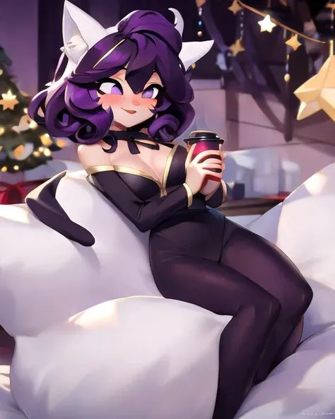 <lora:3DXR_V1:1.00>, 3DXR, 3DMM,, solo focus, catgirl, very large cat ears, cat tail, purple-gold gradient eyes, purple-black hair, short hair, curly hair, medium breasts, cleavage, exposed shoulders, hair between eyes, crossed bangs, neck ribbon, overjoyed, Dusk, Winter Holiday, Hot Cocoa, Holly, <lora:Sleep-15:1.00>, couple sleeping together, hugging, holding one another, cuddling, Living Room