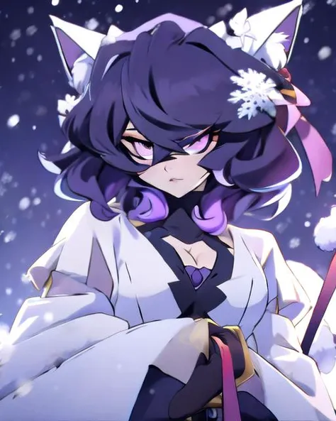 <lora:animemix_v3_offset:1.00>,,<lora:3DXR_V1:1.00>, 3DXR, 3DMM,, solo focus, catgirl, very large cat ears, cat tail, purple-gold gradient eyes, purple-black hair, short hair, curly hair, medium breasts, cleavage, exposed shoulders, hair between eyes, crossed bangs, neck ribbon, <lora:hotarueye_jitome5_v100:1.00>,, Night, Snowflakes, Winter, <lora:viewer on leash 6:1.00>, viewer on leash,, Airport