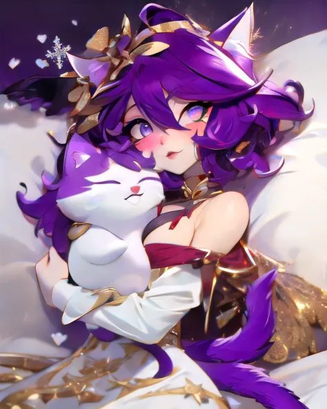 <lora:3DXR_V1:1.00>, 3DXR, 3DMM,,<lora:LightLine:0.6>, solo focus, catgirl, very large cat ears, cat tail, purple-gold gradient eyes, purple-black hair, short hair, curly hair, medium breasts, cleavage, exposed shoulders, hair between eyes, crossed bangs, neck ribbon, heart eyes, Midday, Snowflakes, Christmas, <lora:Sleep-15:1.00>, couple sleeping together, hugging, holding one another, cuddling, Bedroom