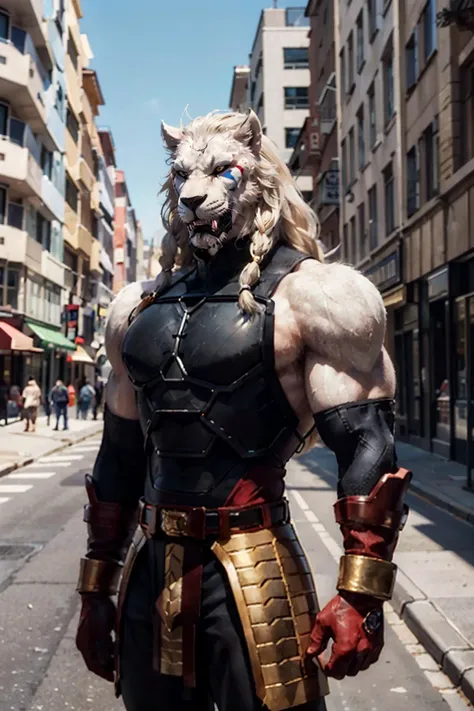 An anime image of the Marvel villain Sabretooth, trajado com sobretudo com lapelas felpudas, olhando de cima uma cidade cyberpunk.