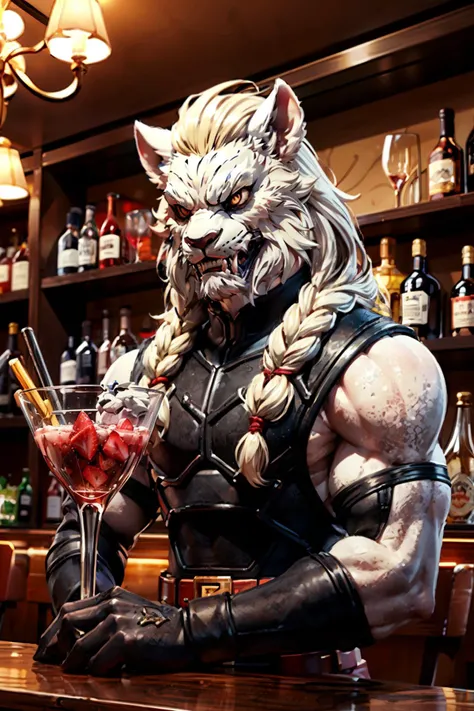 battlebeast2023,white fur, braided mane. black suit, armor, red and gold belt, gloves, looking at viewer, serious, evil grin, upper body shot, sitting, behind a table, inside a bar, small table, neon lighting, holding a martini glass full of strawberry juice, playful ambiance, high quality, masterpiece, <lora:battlebeast2023:.6>
