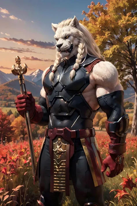 battlebeast2023,white fur, braided mane. black suit, armor, red and gold belt, gloves, looking at viewer, serious, evil grin, standing, upper body shot, arms crossed, outside, park, field, mountain, autumn, sunset, dusk, high quality, masterpiece, <lora:battlebeast2023:.6>