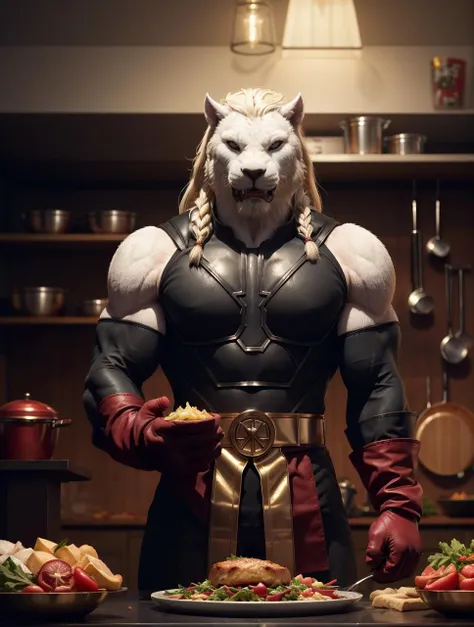 battlebeast2023, cooking dinner, white fur, braided mane, armor, claws, fangs, red and gold belt, gloves, vibrant colors, kitchen,raw image, theme park, trending on arstation, best quality, masterpiece, 8k, uhd, cinematic lighting, chef,, cinematic lighting