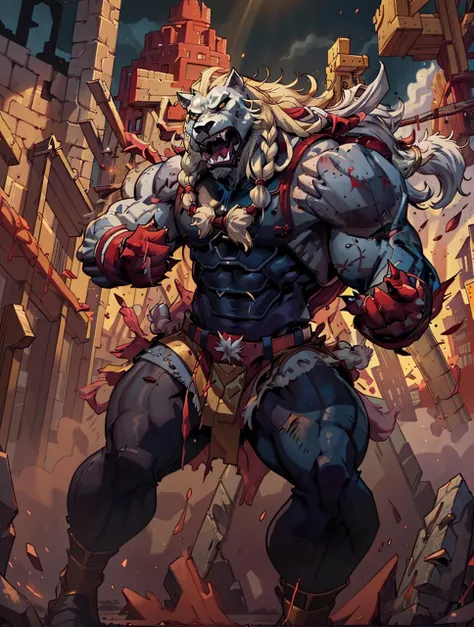 battlebeast2023,  smashing the ground, white fur, braided mane, armor, claws, fangs, red and gold belt, gloves, vibrant colors, raw image, trending on arstation, best quality, masterpiece, 8k, uhd, cinematic lighting, cartoon, illustration, action shot, cinematic lighting