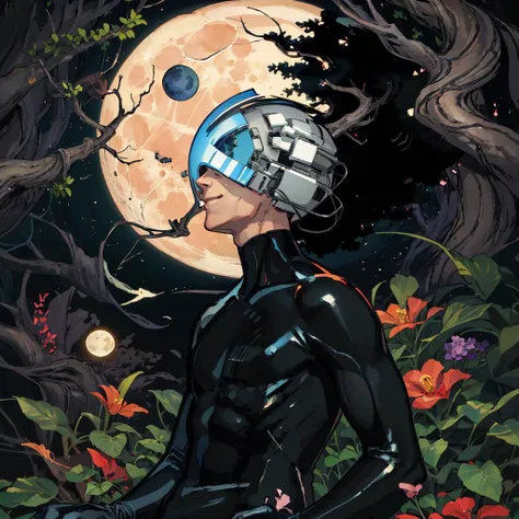 1boy, solo, krakoaXavier, black latex bodysuit, helmet, high tech, before a divine glowing tree, (((cult))), smiling, creepy, bright light, side profile, moon, flowers