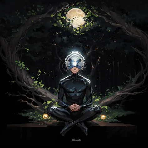1boy, solo, krakoaXavier, black latex bodysuit, helmet, high tech, sitting crossed legged, head bowed, praying, before a divine glowing tree, (((cult))), smiling, creepy, bright light, side profile, moon