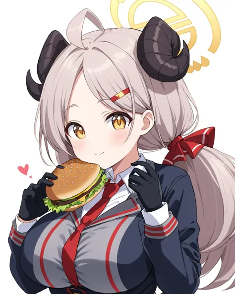 izumi \(blue archive\),1girl, horns, burger, solo, large_breasts, ahoge, halo, holding_food, upper_body, white_background, eating, black_gloves, spoken_heart, simple_background, food_on_face, hair_ornament, red_necktie, low_twintails, long_sleeves, closed_mouth
<lora:izumi_(blue_archive)_image415_2023-11-27-000025:1>halo. gorgeous,key visual, vibrant, studio anime,award-winning, professional, highly detailed,high budget, cinemascope