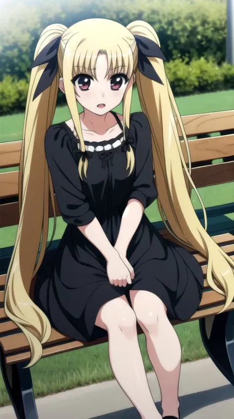fate testarossa, 1girl, long hair, twintails, black ribbon, open mouth,
sundress, white dress,
outdoors, park, park bench,
<lora:nanoha-movie-2nd-fate-testarossa:0.7>