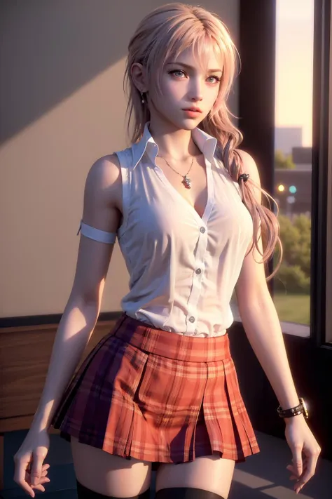 (Extremely detailed and realistic computer graphics, Masterpiece, Best Quality, Ultra-detailed), A depraved young nymph in a short school checkered bke and a transparent open blouse kneels with her legs wide apart, bright colours.