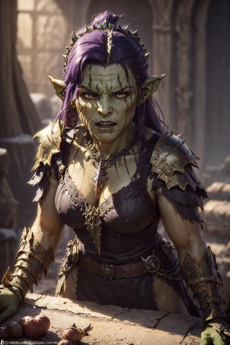 ((green skinned:1.3)), (((3/4 view))), ((beautiful)), ((half orc:1.1)), (((small tusks))), analog style, realistic, ((intricate details)), full torso shot, cold lighting, beautiful, (pale gothic evil princess), ((purple black hair)), (intricate), ((engraved skeletal onyx metal dress armor)), (cleavage), (broad shoulders), ((visible fangs)), (oiled skin), ((skull shaped pauldrons)), (intricate sharp tribal horned crown), (tribal necklace), tribal jewelry, muscular, dynamic pose, windblown hair, perfect face, (red orc eyes), (realistic eyes), round iris, perfect eyes, intricate, complex, Helios 44-2, ((dark gothic background)), swirly bokeh, trending on artstation, sharp focus, studio photo, intricate details, highly detailed, sharp, dnd character portrait, ((oil on canvas)), perfect lighting, Masterpiece, detailed background, portrait by artgerm and greg rutkowski, cinematic lighting, 8k, <lora:EdobOrc_v1.0:0.5>
