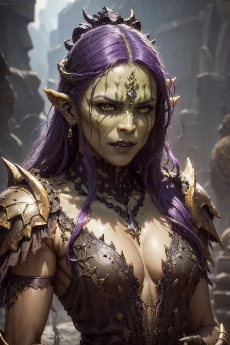 ((green skinned:1.3)), (((3/4 view))), ((beautiful)), ((half orc:1.1)), (((small tusks))), analog style, realistic, ((intricate details)), full torso shot, cold lighting, beautiful, (pale gothic evil princess), ((purple black hair)), (intricate), ((engraved skeletal onyx metal dress armor)), (cleavage), (broad shoulders), ((visible fangs)), (oiled skin), ((skull shaped pauldrons)), (intricate sharp tribal horned crown), (tribal necklace), tribal jewelry, muscular, dynamic pose, windblown hair, perfect face, (red orc eyes), (realistic eyes), round iris, perfect eyes, intricate, complex, Helios 44-2, ((dark gothic background)), swirly bokeh, trending on artstation, sharp focus, studio photo, intricate details, highly detailed, sharp, dnd character portrait, ((oil on canvas)), perfect lighting, Masterpiece, detailed background, portrait by artgerm and greg rutkowski, cinematic lighting, 8k, <lora:EdobOrc_v1.0:0.4>
