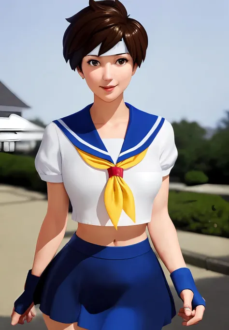 (Photo:1.3), highdetail, <lora:sakura_kasugano:0.8>, sakura_kasugano, 1girl, solo, smirk, standing, school uniform, fingerless gloves, sailor collar, crop top, neckerchief, blue sailor collar, skirt, gloves, red headband,, Dark red, gray, and black colors, vibrant colors, (summer, sunny weather:1.3), medium intensity lighting, (Soft focus:1.3), (acclaimed, alluring, captivating, exciting, gorgeous, striking:1.3), (ultra realistic, sharp focus:1.3)