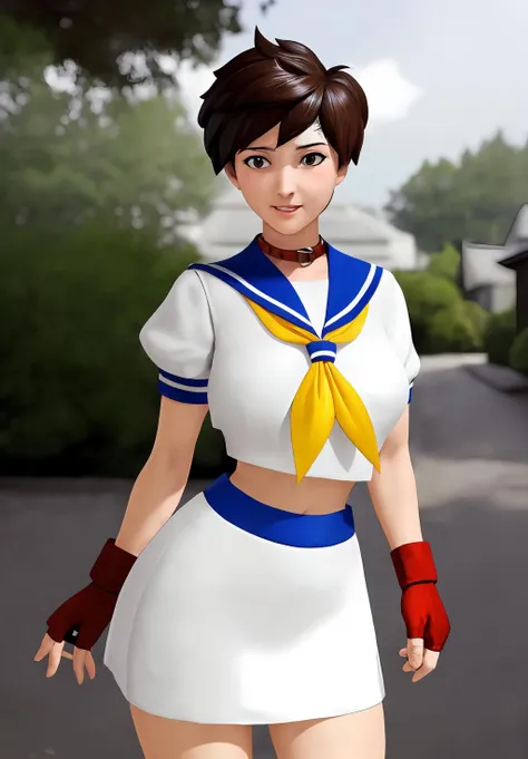 (Photo:1.3), highdetail, <lora:sakura_kasugano:0.8>, sakura_kasugano, 1girl, solo, smirk, standing, school uniform, fingerless gloves, sailor collar, crop top, neckerchief, blue sailor collar, skirt, gloves, serafuku,, Dark red, gray, and black colors, vibrant colors, (summer, sunny weather:1.3), medium intensity lighting, (Soft focus:1.3), (acclaimed, alluring, captivating, exciting, gorgeous, striking:1.3), (ultra realistic, sharp focus:1.3)