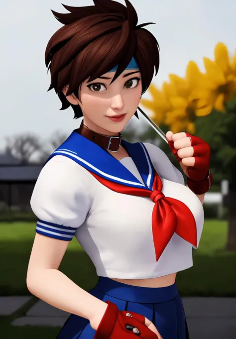 (Photo:1.3), highdetail, <lora:sakura_kasugano:0.8>, sakura_kasugano, 1girl, solo, smirk, standing, school uniform, fingerless gloves, sailor collar, crop top, neckerchief, blue sailor collar, skirt, gloves, headband,, Dark red, gray, and black colors, vibrant colors, (summer, sunny weather:1.3), medium intensity lighting, (Soft focus:1.3), (acclaimed, alluring, captivating, exciting, gorgeous, striking:1.3), (ultra realistic, sharp focus:1.3)
