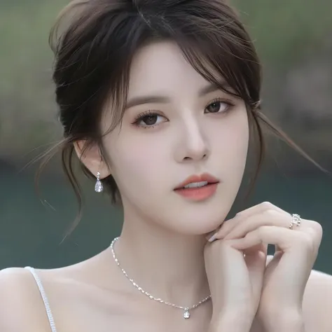 puregirl, 1girl, jewelry, solo, necklace, earrings, realistic, black hair, ring, looking at viewer, short hair, portrait,  hand up, brown hair, fingernails, nude, upper body,lake,<lora:puregirl1-000007:0.9>