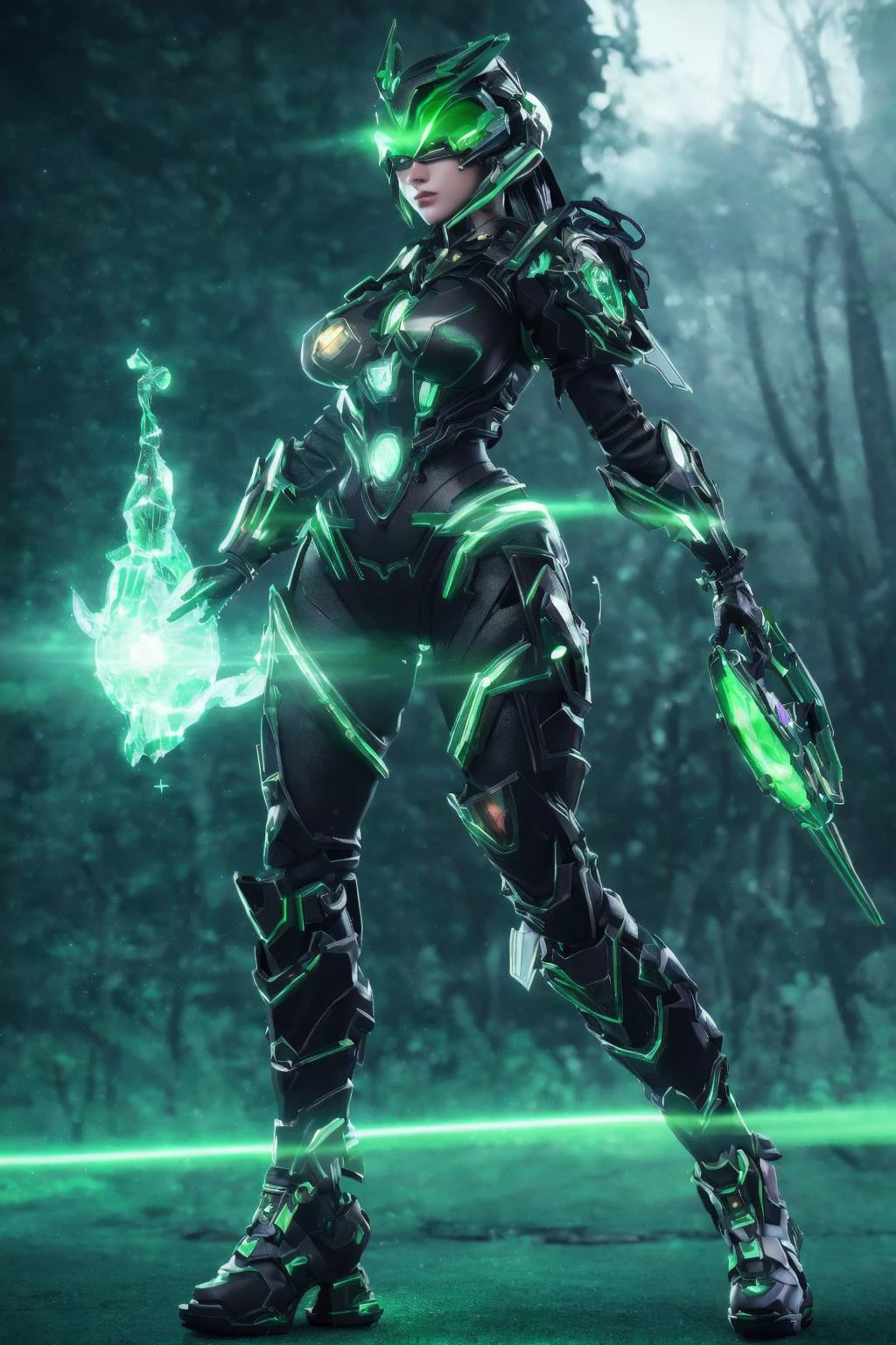 cyber Santa woman, fullbody, unchained, green energy unleashed, green sparkles, glowing green eyes , (Extremely Detailed Oil Painting:1.2), glow effects, godrays, Hand drawn, render, 8k, octane render, cinema 4d, blender, dark, atmospheric 4k ultra detailed, cinematic sensual, Sharp focus, humorous illustration, big depth of field, Masterpiece, colors, 3d octane render, 4k, concept art, trending on artstation, hyperrealistic, Vivid colors, extremely detailed CG unity 8k wallpaper, trending on ArtStation, trending on CGSociety, Intricate, High Detail, dramatic, absurdes <lora:3DMM_V12:0.8> woan santqa