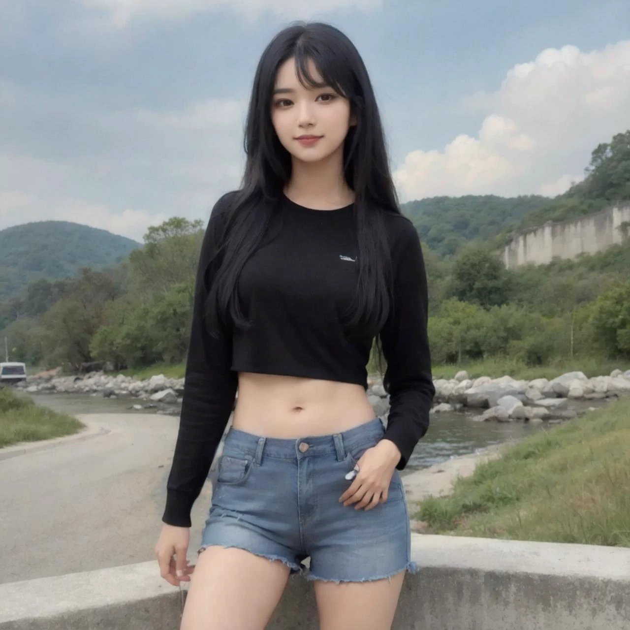 dalcefo realistic, ultra-detailed, natural makeup, (black hair:1.5), (long hair:1.5), solo, Proper body proportion, (1girl), (long sleeve:1), (denim shorts:1), (small smile:1), photo of No-one55, <lora:no-one55_50771_eunha_22655:0.75> <lora:IndianDollLikeness-A v1.0:0.4> <lora:koreandolllikeness_V10:0.2>