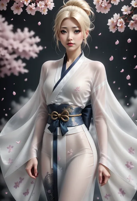 a surreal cinematic still of a beautiful geisha with (blond hair:1.5) wearing a under a black see-through kimono, <lora:k1m0n0XLP:0.3> k1m0n0, realistic, hypermaximalist, cherry blossom, hanami,, score_9, score_8_up, score_7_up, score_6_up, score_5_up, score_4_up,