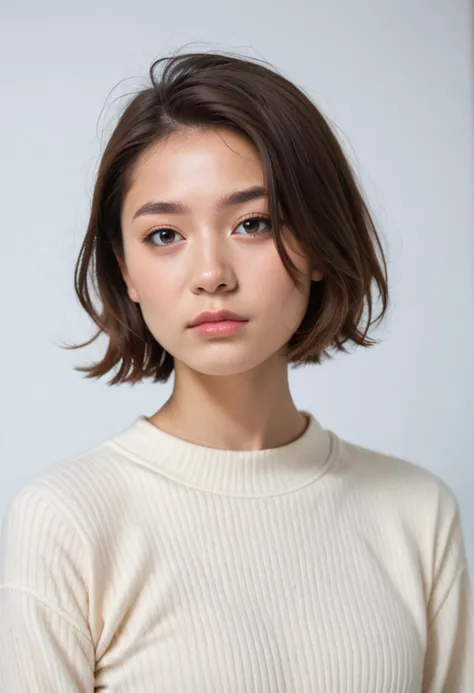 score_9, score_8_up, score_7_up, score_6_up, score_5_up, score_4_up, source_photo, source_real, 1girl, solo, short_hair, brown_hair, shirt, closed_mouth, white_shirt, upper_body, sweater, lips, realistic, nose <lora:model_asian_am_pxl:1> photo