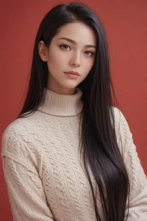 ,score_9,score_8_up,score_7_up, 20 years old, 8k, hd, beautiful girl, black hair, very long hair, straight hair, closed mouth,
1girl, detailed face, beautiful woman's face, sweater, red background, looking at viewer,