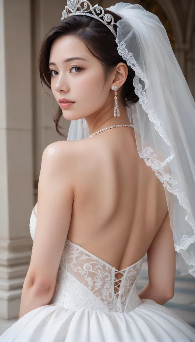 score_9,score_8_up,score_7_up, photo realistic, 20 years old, 8k, hd, beautiful girl,(japanese|chinese|korean) mix, film grain,
1girl, depth of field, solo, upper body, back lights,
Canon RF85mm f/1.2,best quality,(beautiful long slender legs), (a seductive and beautiful woman), (closeup face), shiny_white_skin,necklace,earrings,
bridal veil,lace-trimmed dress,wedding dress,white dress,bride, best quality,masterpiece,highres,official art,,white palace, tiara,marvelous, gorgeous, noble,gothic architecture, Jewelry,