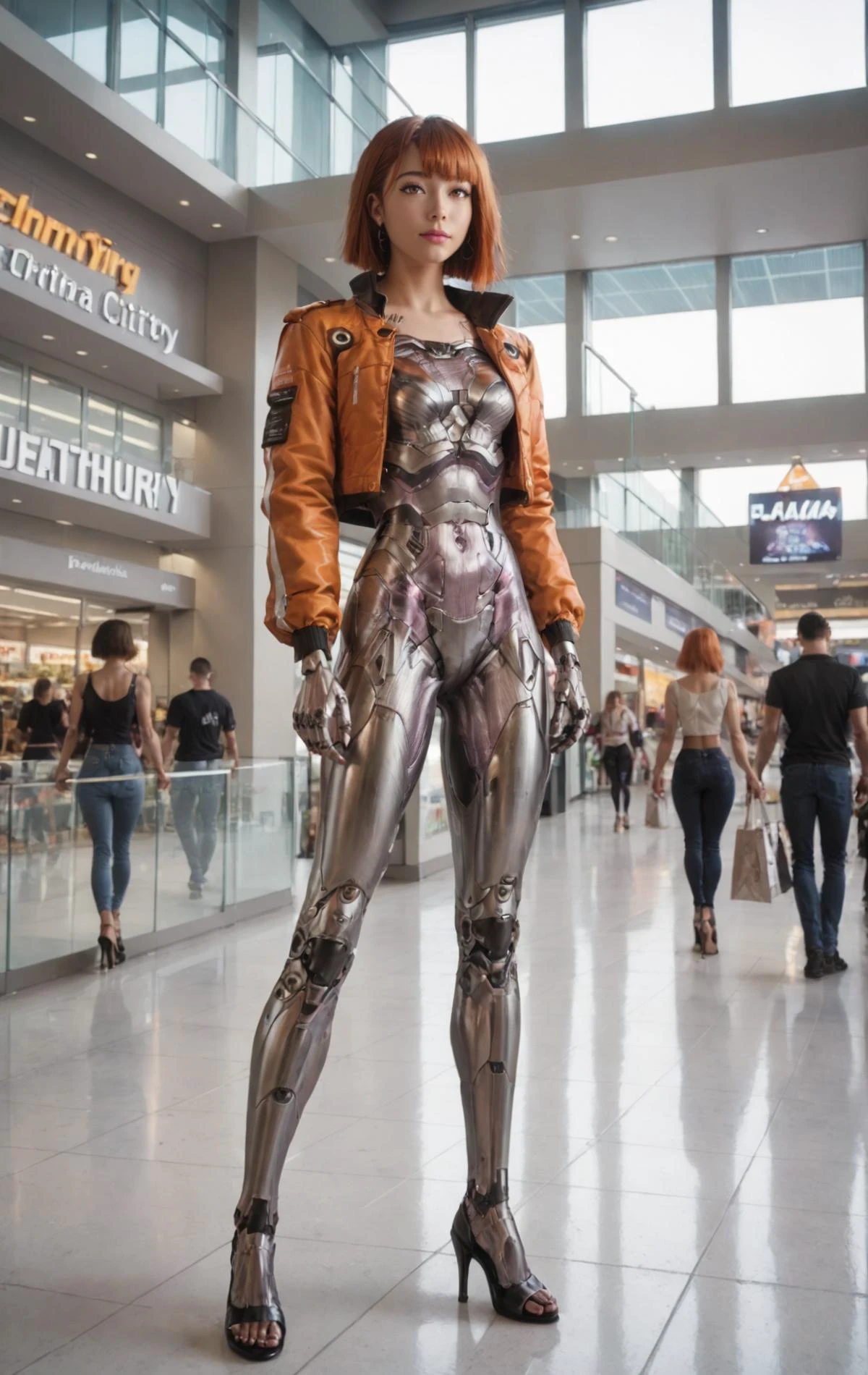 1girl, cyborg, high heels, stand, full body, cyberpunk, future city, Fringe, Orange hair, open jacket, cropped jacket, masterpiece, best quelity, 8k,score_9, score_8_up, score_7_up, In a bustling shopping mall
