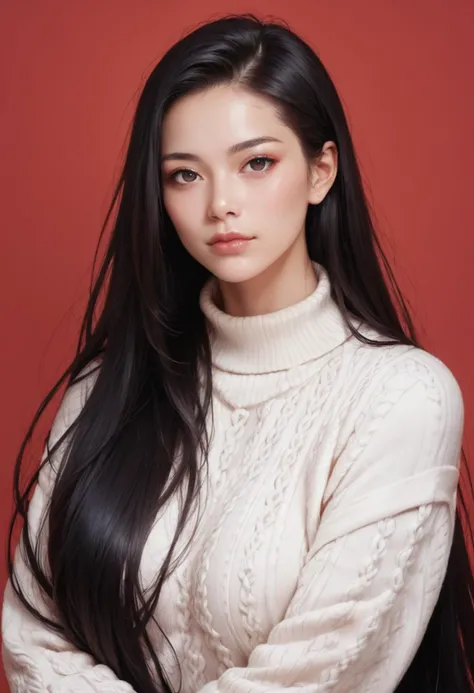 score_9,score_8_up,score_7_up, 20 years old, 8k, hd, beautiful girl, black hair, very long hair, straight hair, closed mouth,1girl, detailed face, beautiful woman's face, sweater, red background, looking at viewer