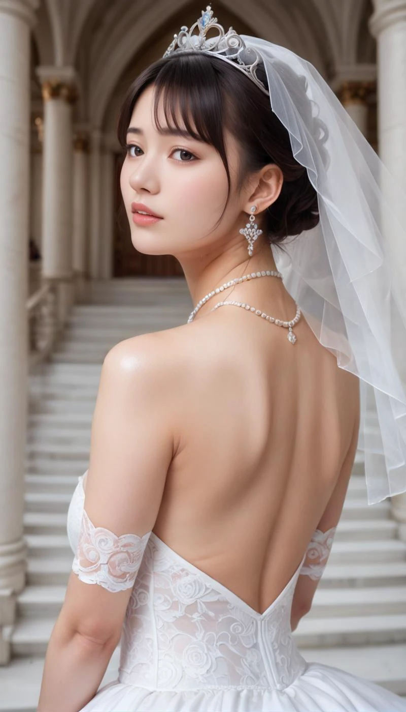 score_9,score_8_up,score_7_up, photo realistic, 20 years old, 8k, hd, beautiful girl,(japanese|chinese|korean) mix, film grain,
1girl, depth of field, solo, upper body, back light,
Canon RF85mm f/1.2,best quality,(beautiful long slender legs), (a seductive and beautiful woman), (closeup face), shiny_white_skin,necklace,earrings,
bridal veil,lace-trimmed dress,wedding dress,white dress,bride, best quality,masterpiece,highres,official art,,white palace, tiara,marvelous, gorgeous, noble,gothic architecture, Jewelry,