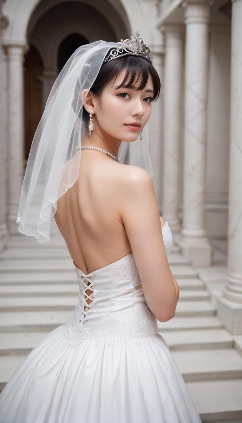 A woman in a wedding dress and tiable posing for a picture - SeaArt AI