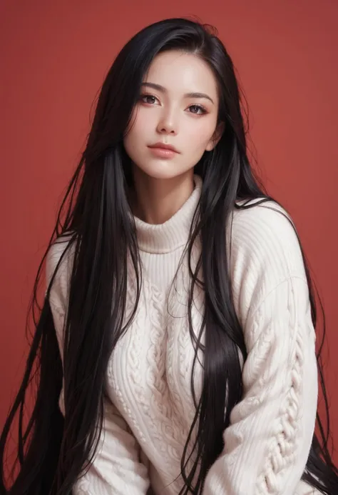 score_9,score_8_up,score_7_up, 20 years old, 8k, hd, beautiful girl, black hair, very long hair, straight hair, closed mouth,1girl, detailed face, beautiful woman's face, sweater, red background, looking at viewer