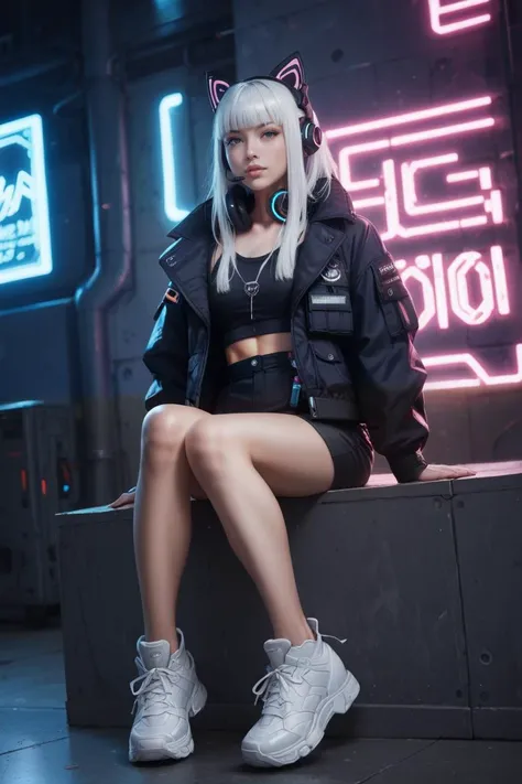 score_9,score_8_up,score_7_up, 20 years old, 8k, hd, beautiful girl,animal ears,Waist bag,bangs,cat ear headphones,cat ears,cyberpunk,headphones,headset,Combat clothing,Sitting posture,Luminous,Multi light source clothing,indoor,Oblique lateral body,full body,science fiction,Luminous clothing,Future technological background,jacket,lips,long hair,looking at viewer,neon lights,night,shoes,sitting,solo,white footwear,white hair,glowing,