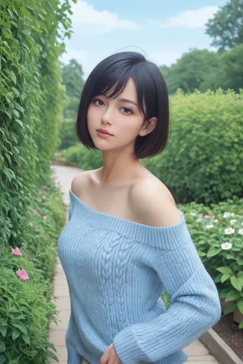 ,score_9,score_8_up,score_7_up, 20 years old, 8k, hd, beautiful girl, black hair, short hair,
1girl, detailed face, beautiful woman's face, sweater, white background, looking at viewer, garden, outdoors, half body, upper body, bare shoulders,