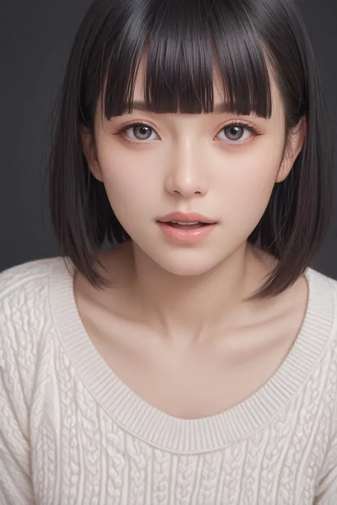 score_9,score_8_up,score_7_up, 20 years old, 8k, hd, beautiful girl, black hair, short hair, straight hair, closed mouth, no makeup, blunt bangs,
1girl, detailed face, beautiful woman's face, sweater, simple background, looking at viewer, open mouth,